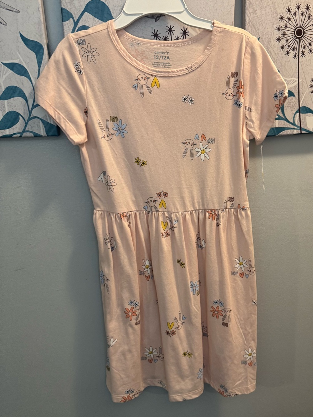 Carter's Light Pink Floral & Bunny Short Sleeve Holiday Easter Dress NWT Sz 14